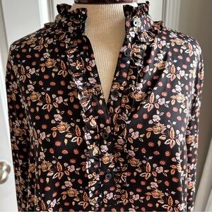 Ann Taylor Black Floral Ruffle Neck Blouse